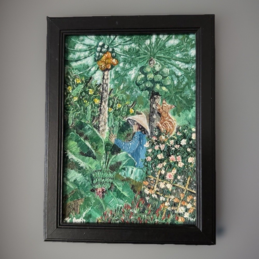 ORIGINAL OIL PAINTING VIETNAMESE RURAL LANDSCAPE WOMAN & CAT SIGNED FRAMED 5x7