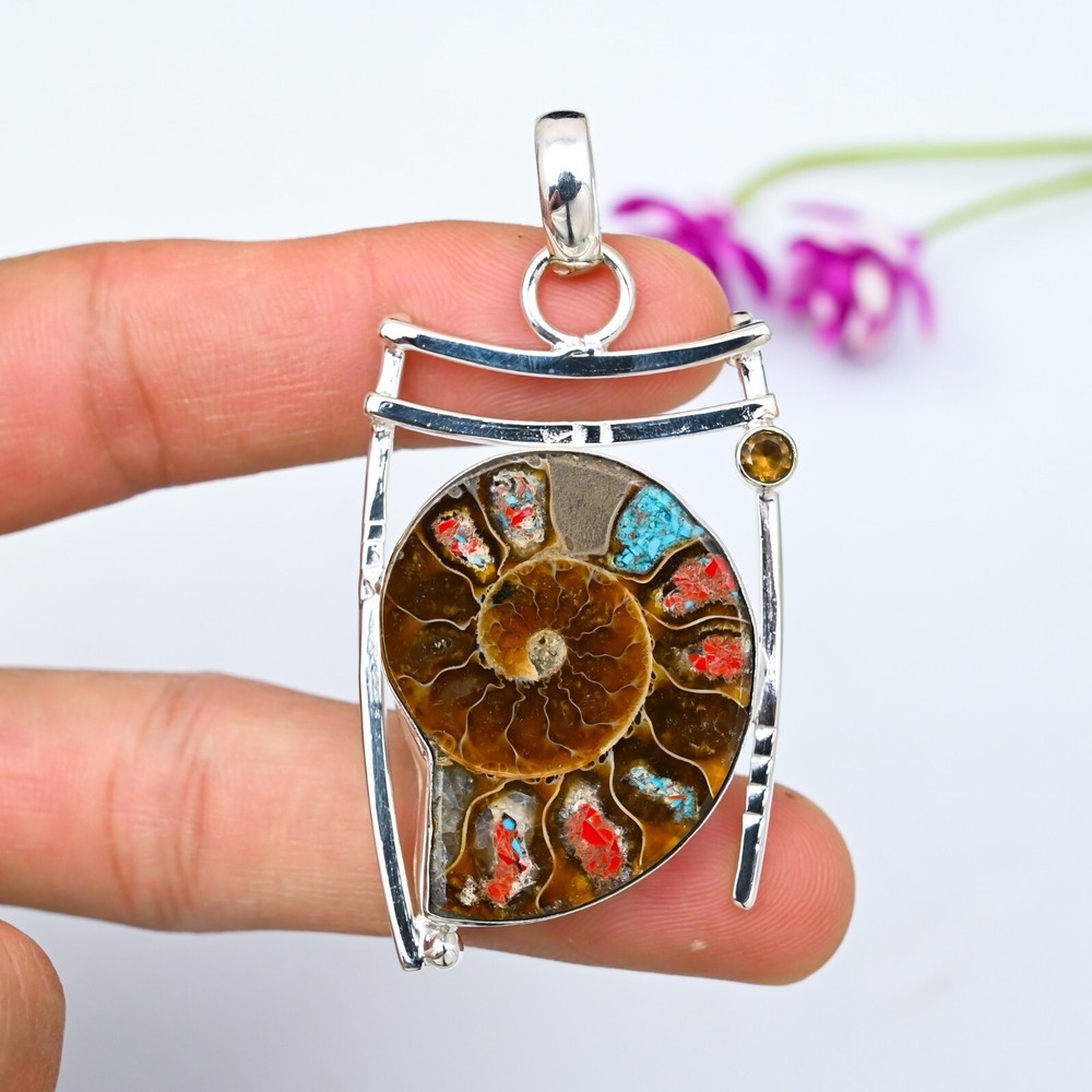 Natural Ammonite, Citrine Gemstone Pendant 925 Sterling Silver Handmade Jewelry