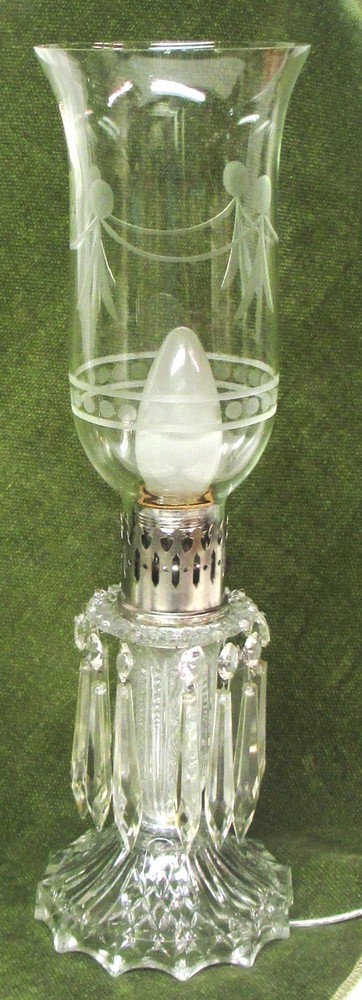 Vintage Glass Hurricane Mantle /Boudoir Lamp w/ Crystals