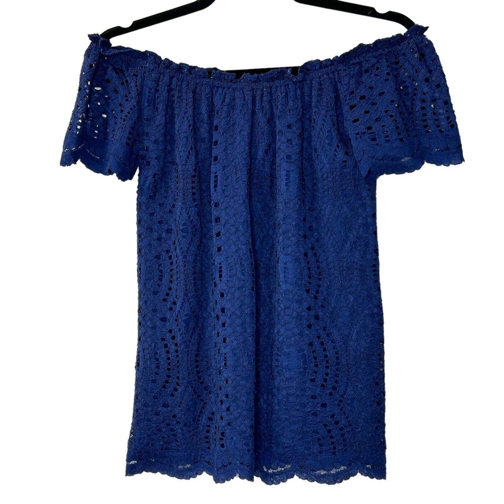 Lilly Pulitzer Marble Off the Shoulder Lace Top Scalloped Navy Blue Women's XS