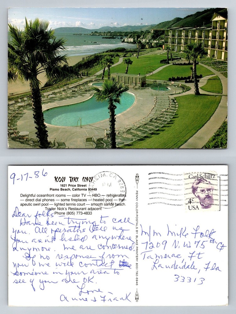 Pismo Beach CA-California, Kon Tiki Inn Oceanfront Pool View Vintage Postcard