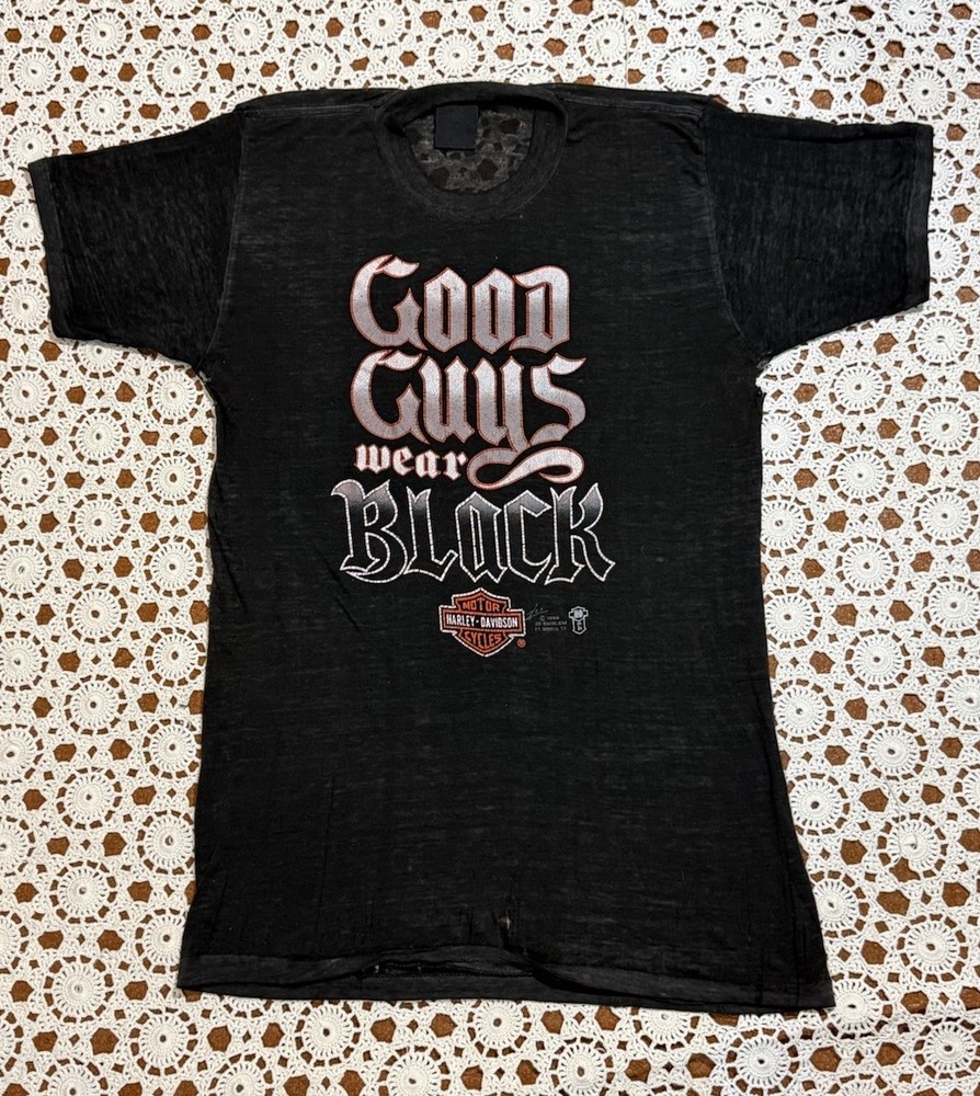 Vtg Harley Davidson Good Guys Wear Black 3D Emblem 80s USA Shirt Thrashed Thin