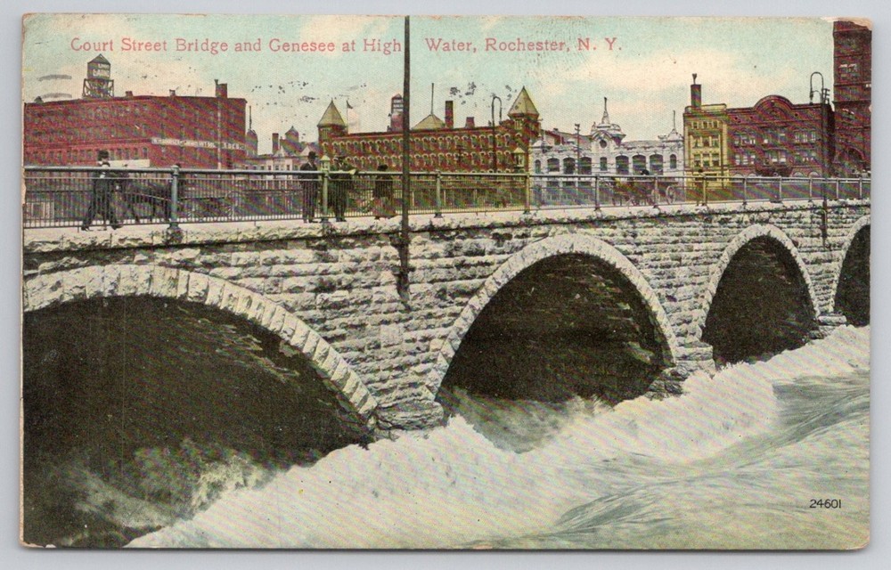 1910 Rochester NY Court Street Bridge Genesee River High Water Postcard