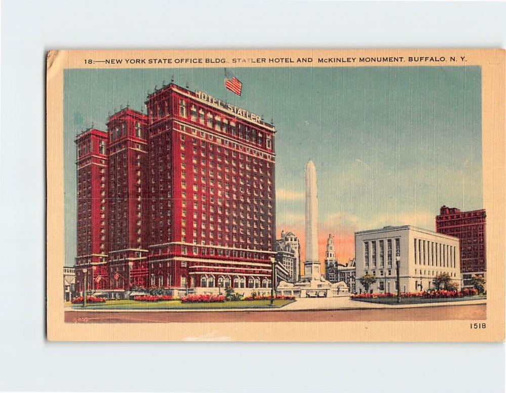 Postcard New York State Office Building, Statler Hotel & McKinley Monument NY