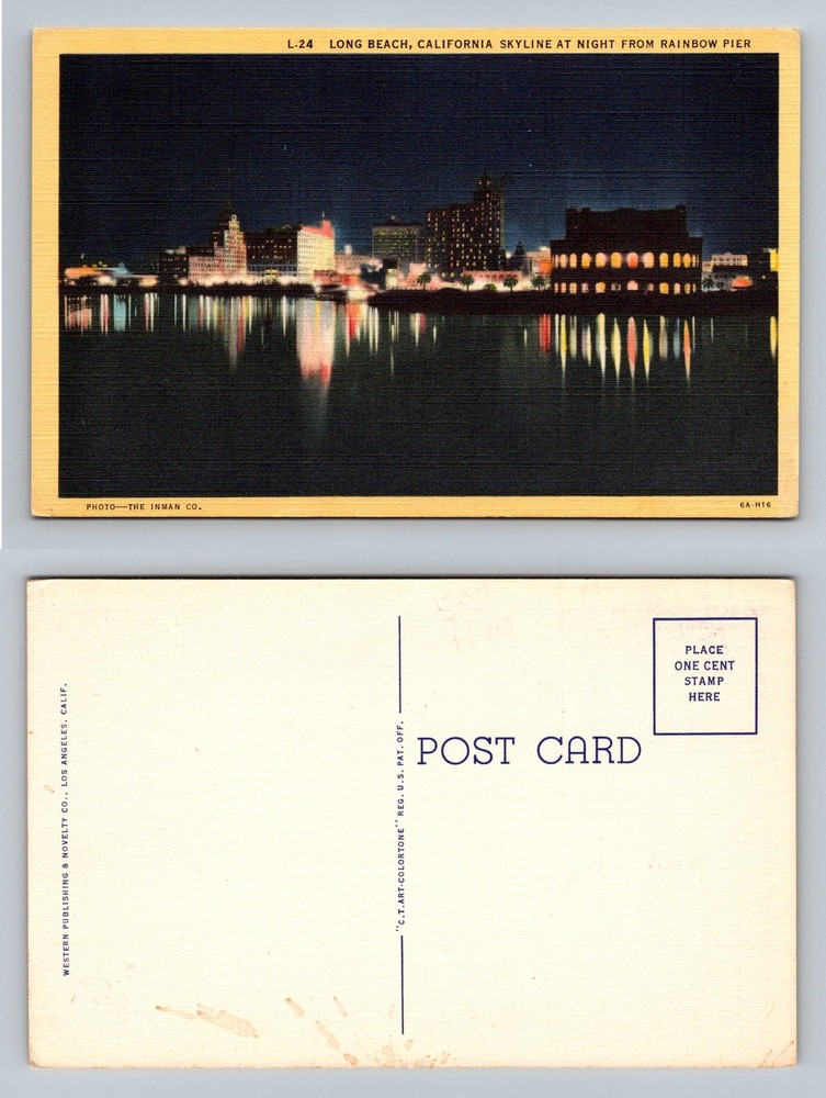Long Beach, CA-California, City Skyline At Night Rainbow Pier Vintage Postcard