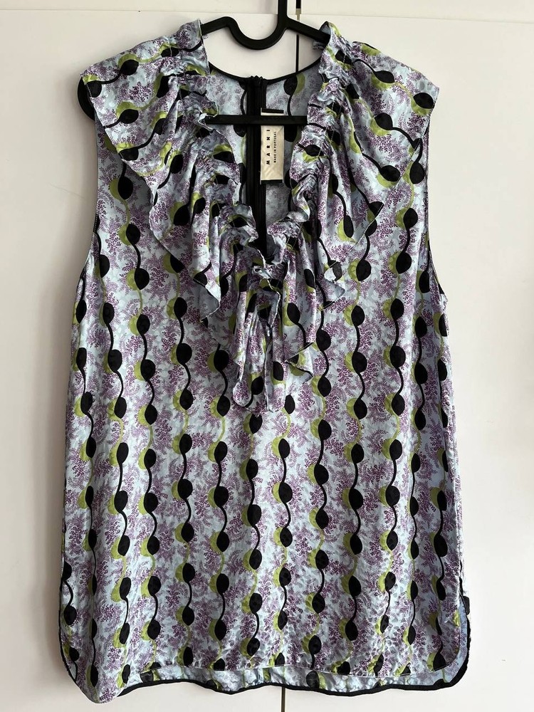 Marni Silk Blouse with Abstract Print and Ruffle Detail – Size 44
