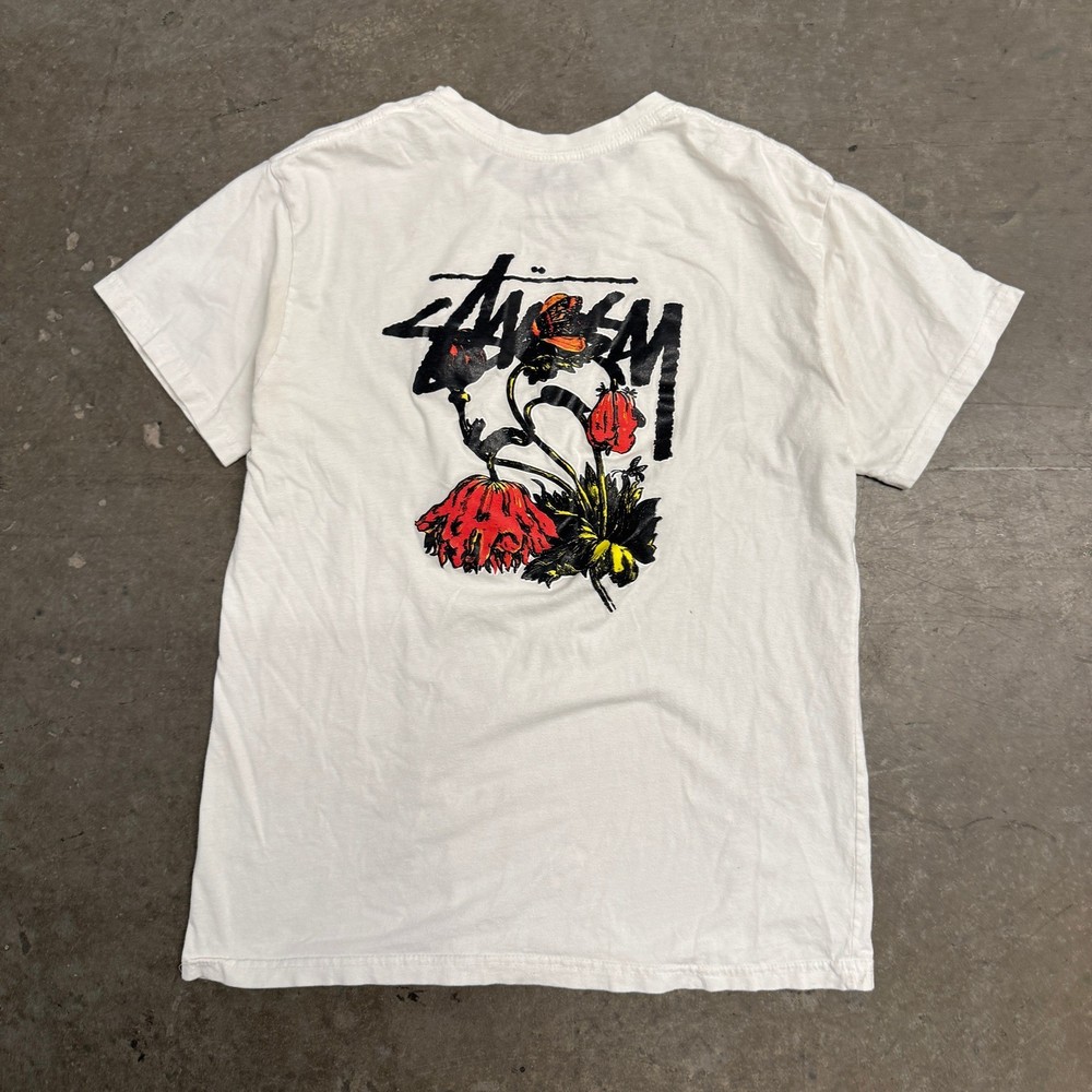 Stussy Mens White Floral Poppy Graphic Logo T-Shirt Premium Fit Size L