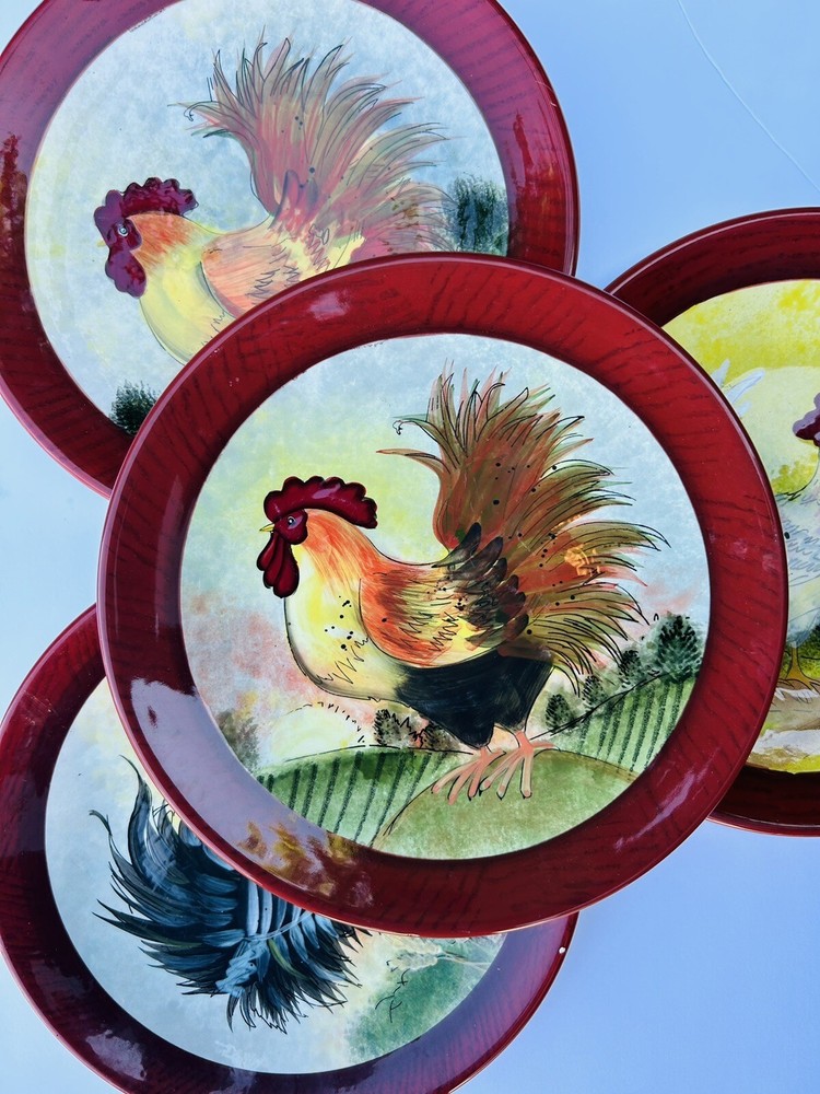 Set of 8 Cracker Barrel Susan Winget Rust Roosters Country Dinner Plates