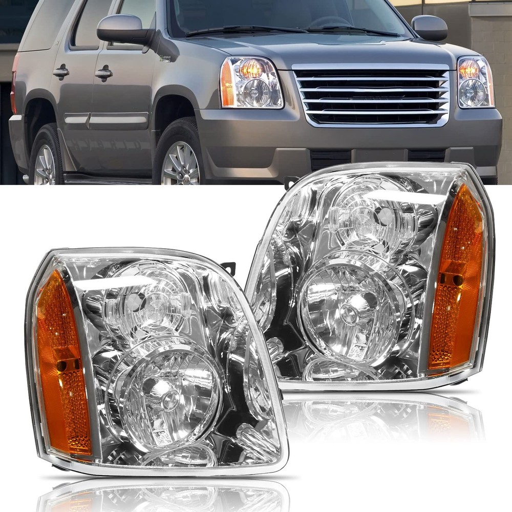 Headlamps For 2007-2014 GMC Yukon XL Amber Corner Chrome Headlights New