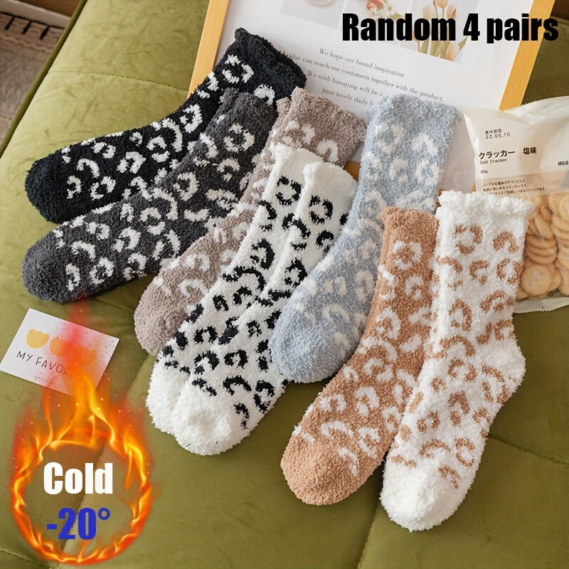 4pcs Thick Fuzzy Socks for Women - Cozy Leopard Print Mid-Calf Winter Sleeping