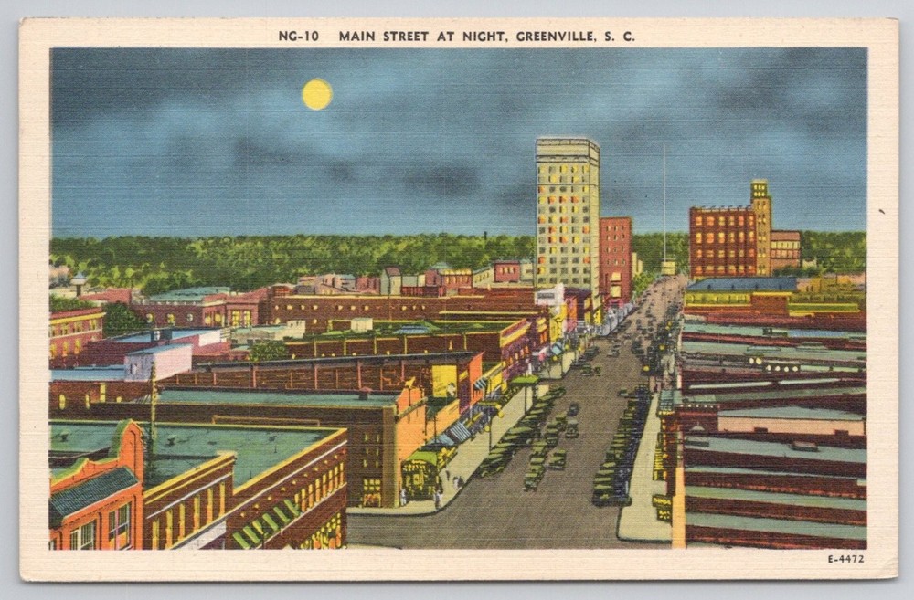 Main Street at Night Greenville SC Linen Postcard - Vintage Cityscape Moon