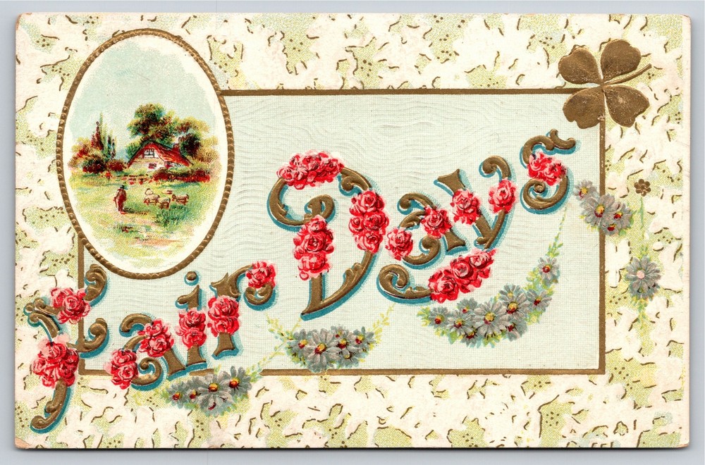 Greetings~Red Flowers Letters Home & Fair Days~Vintage Postcard