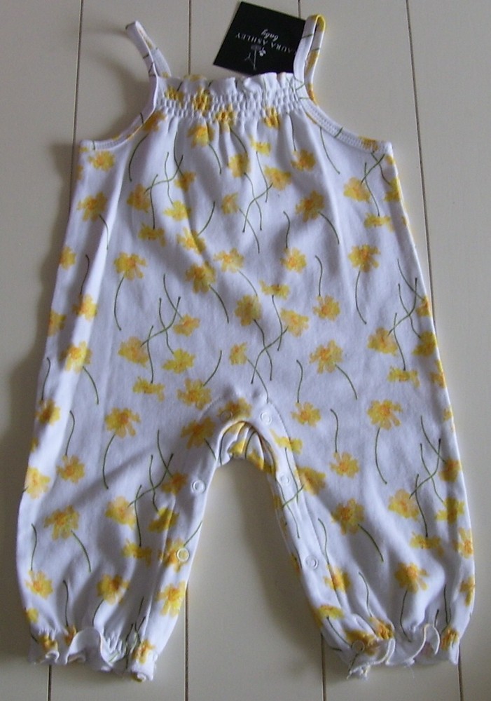 Laura Ashley Baby Girls White Yellow Floral Coverall Sz 3-6M