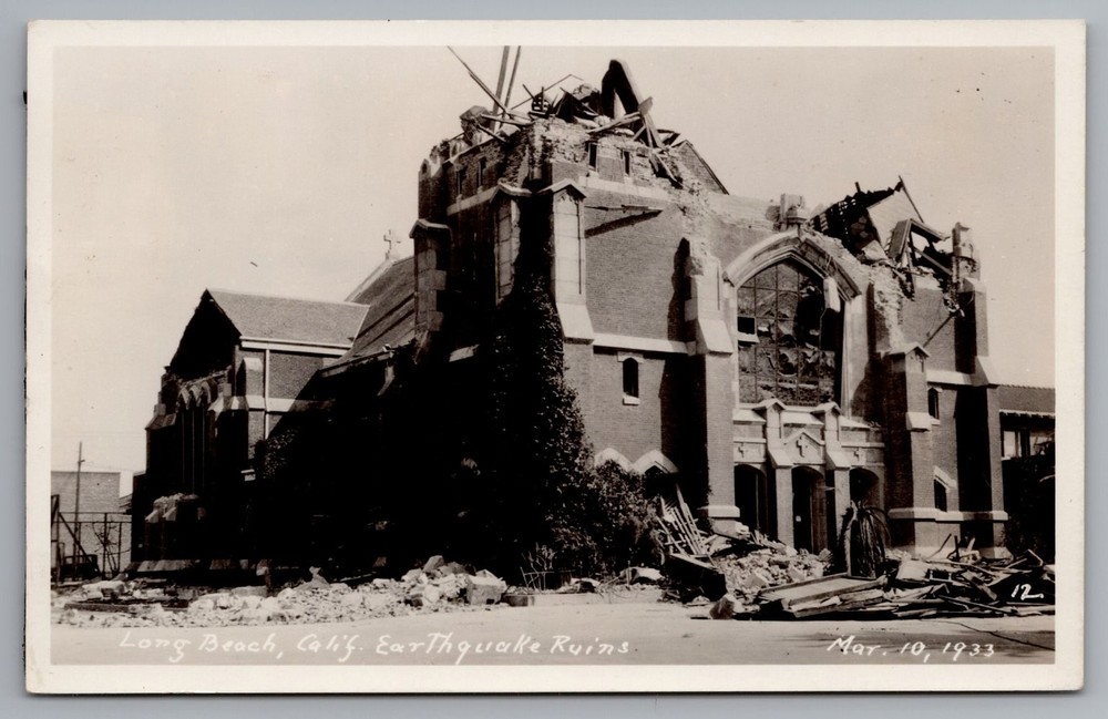 1933 Long Beach California Earthquake Church Ruins Vintage RPPC Postcard