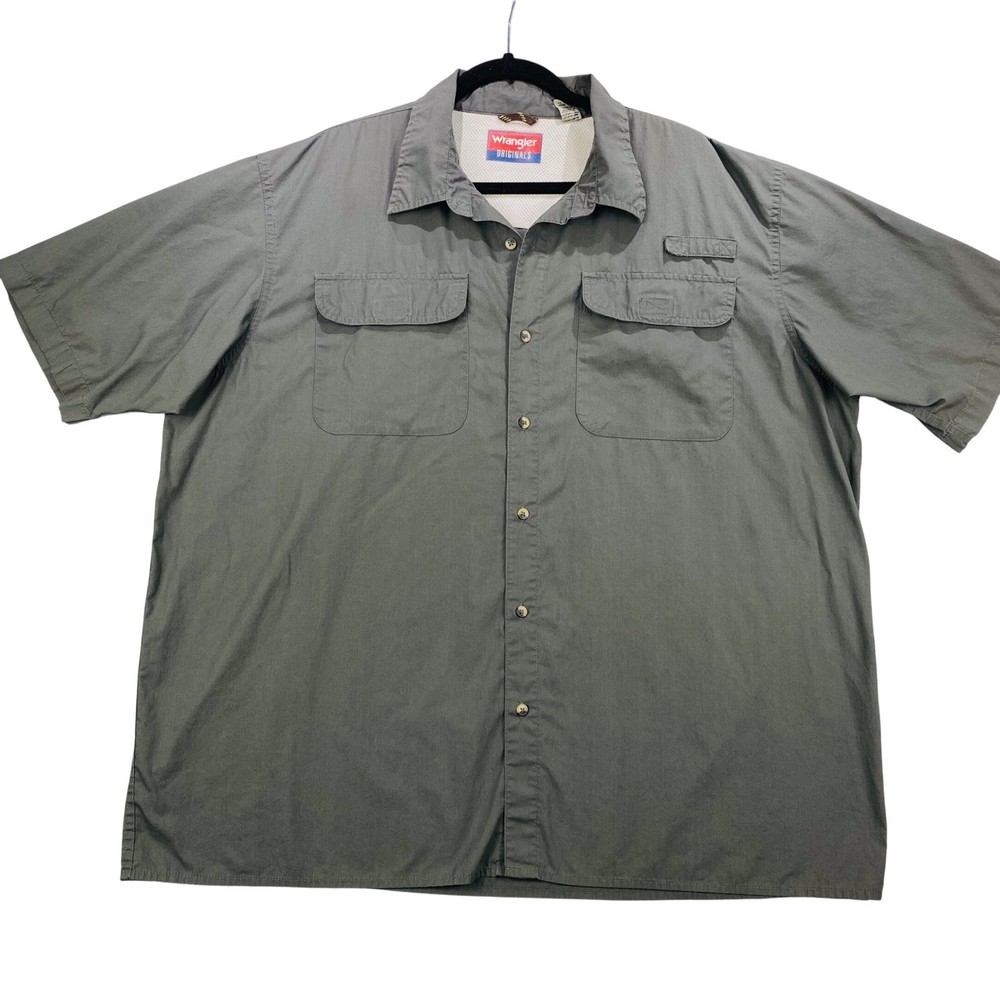 Wrangler Originals Mens XXL Gray Short Sleeve Button Up Shirt Pocket Casual Work