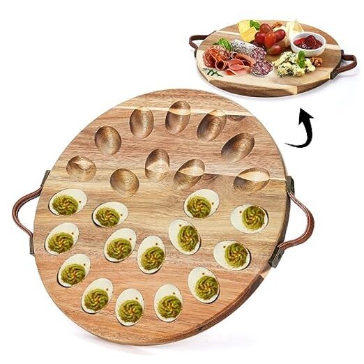 Acacia Wood Deviled Egg Tray with Handles for Easter - 24 Hole Round Serving Platter-image