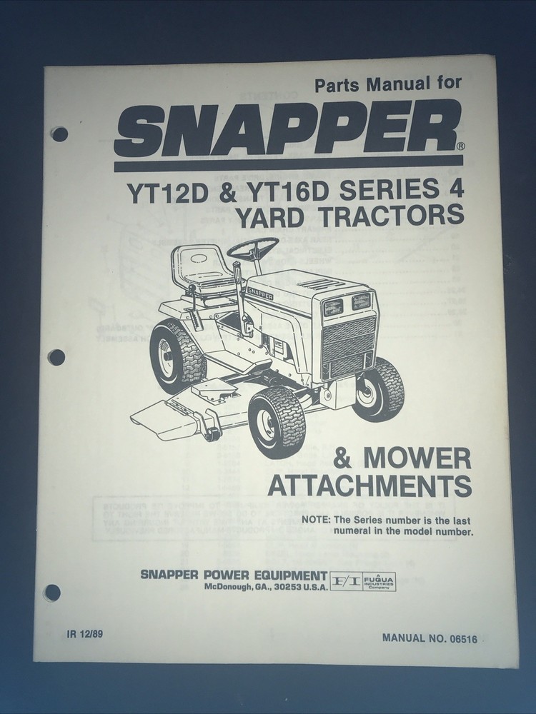 Snapper Yt12D & Yt16D Series 4 & Mower Attachment Parts Manual