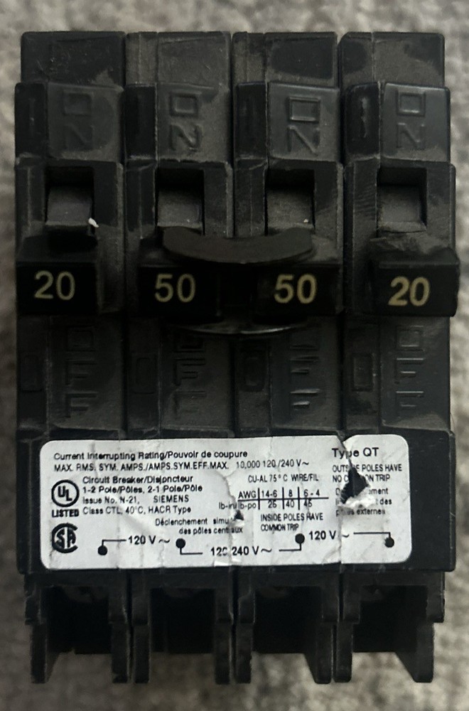 Siemens Q22050CT2  Quad Plug In Circuit Breaker  4 Poles 20-50 Amp 120/240V 10KA