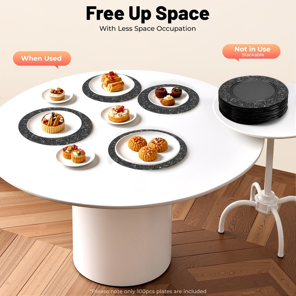 13'' Antique Charger Plates Set PP Round Reusable Serving Plates (Black,100 Pcs)