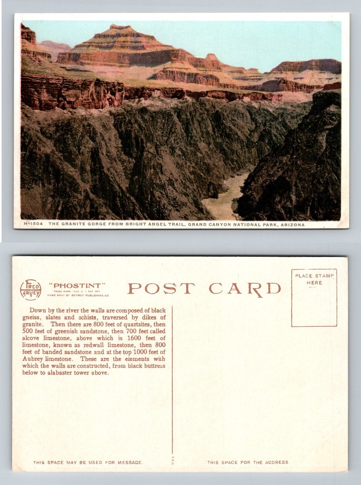 Grand Canyon, AZ-Arizona, Granite Gorge Bright Angel Trail View Vintage Postcard