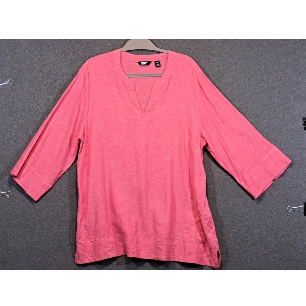 Lands End Womens XL Pink Linen Blend 3/4 Sleeve Split Neck Tunic Top Relaxed Fit