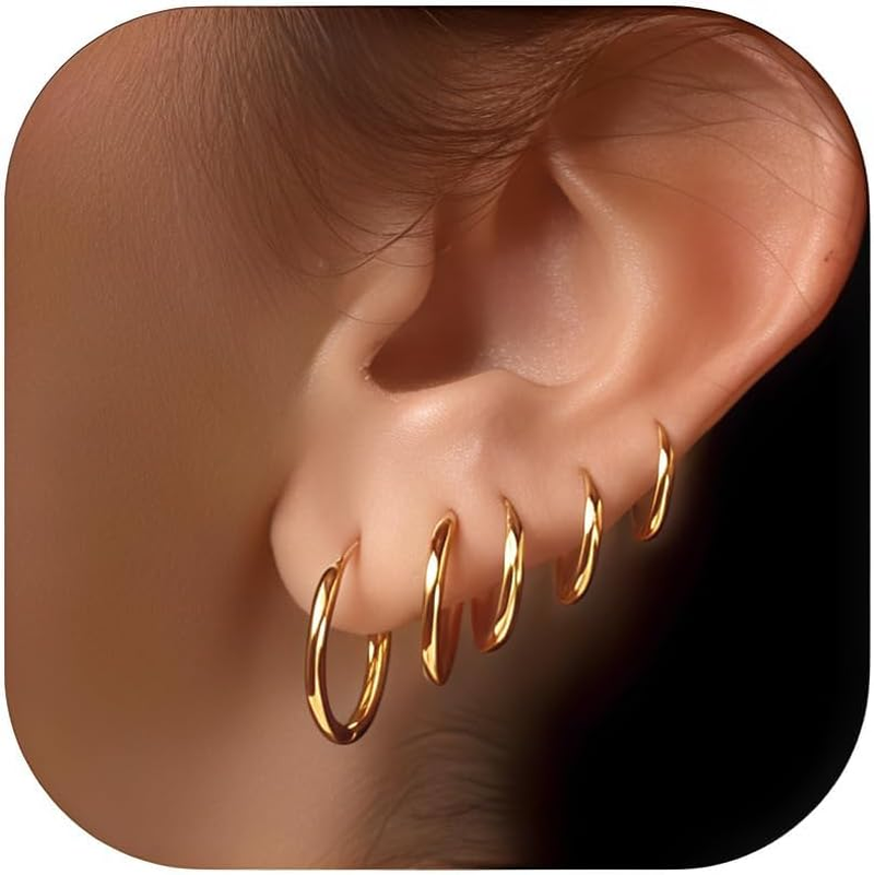 5 Pairs 14K Gold Plated Huggie Hoop Earrings for Women - Lightweight Minimalist