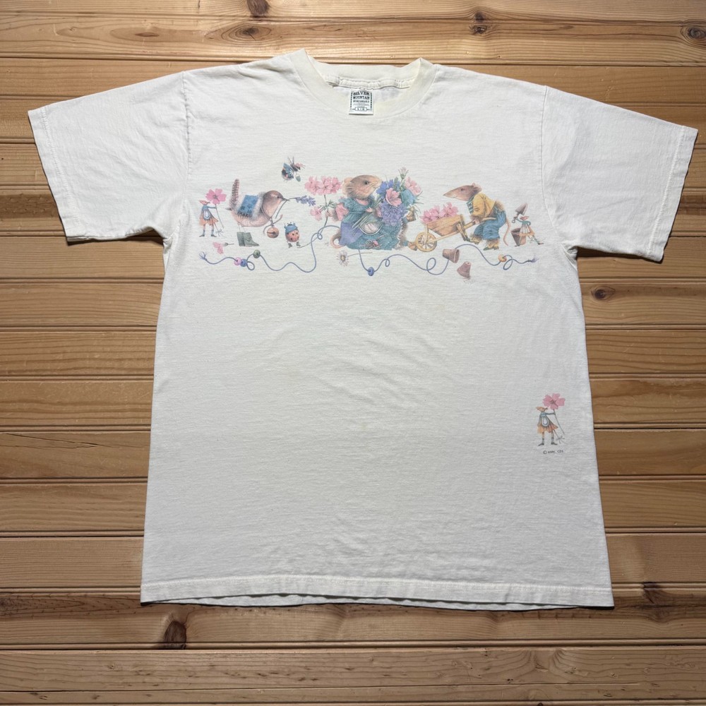 Vintage 90s Whimsical Mice Gardening Flowers Cartoon Graphic T-Shirt - Large