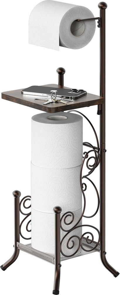 English Style Bathroom Toilet Tissue Roll Holder Stand with Shelf, Bronze