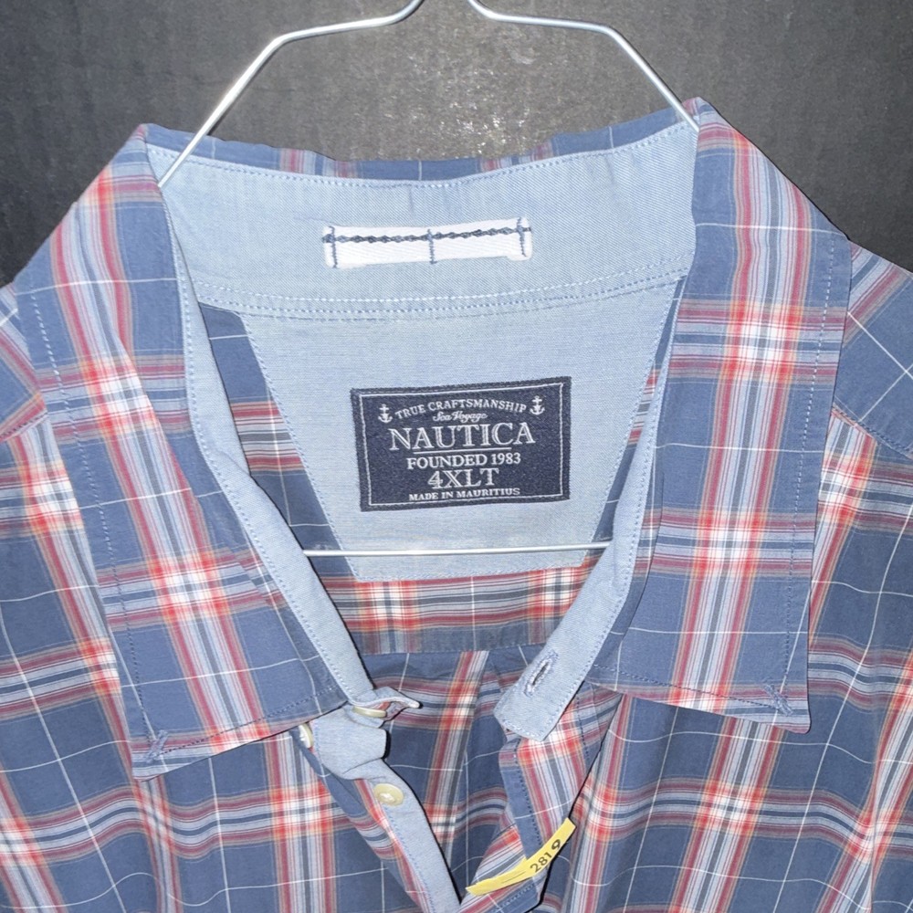Nautica Men's 4XLT Plaid Blue Red White Cotton Button-Up Long Sleeve Shirt