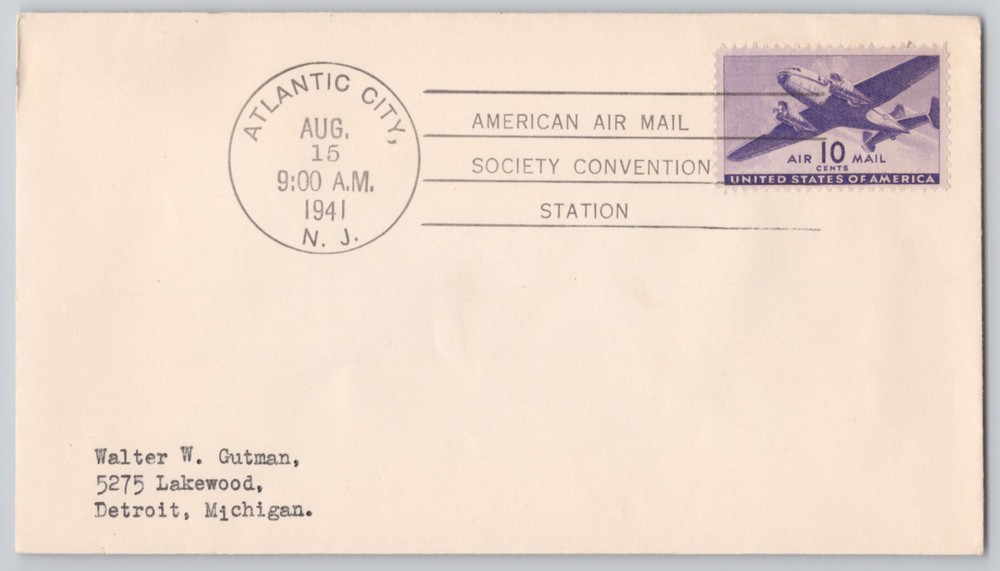 Atlantic City, N.J. Am. Air Mail Society Conv. Station, 10c Airmail 1941