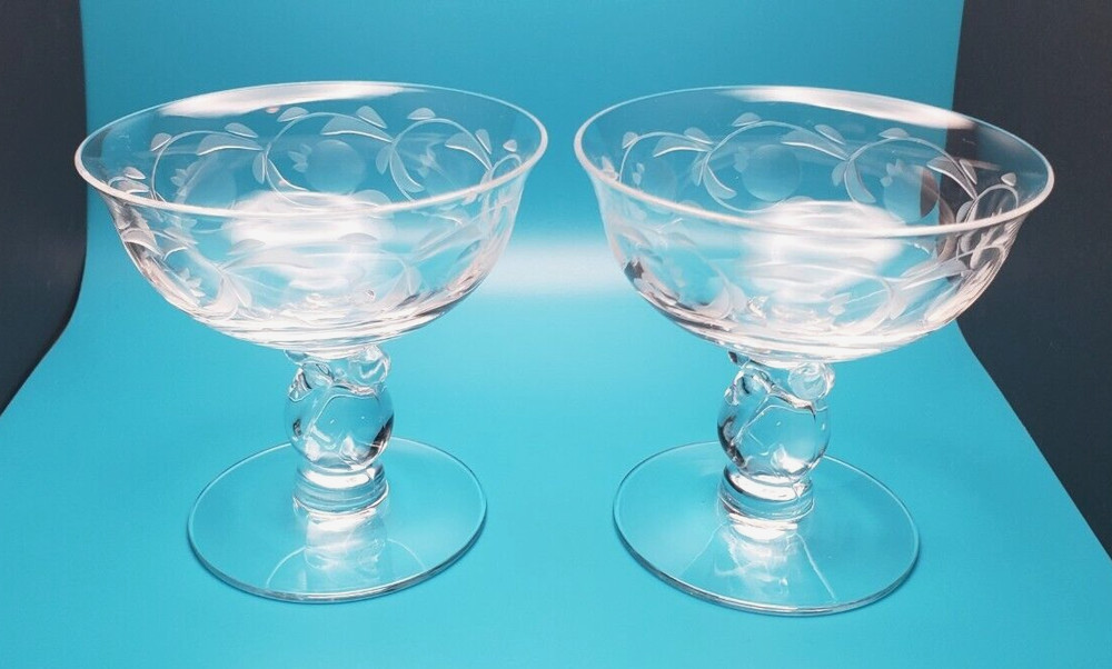 Heisey Glass Lariat Champagne/Tall Sherbet Glasses w/ Moonglo cutting- set of 2