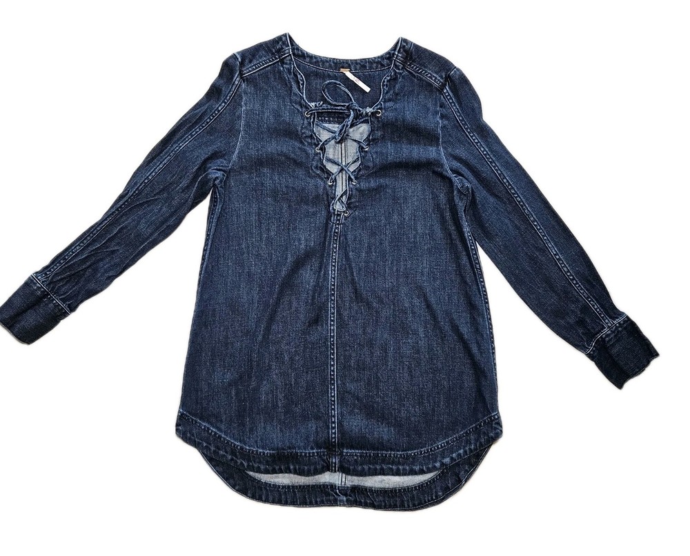 Free People Women's Jean Dark Denim Neopolitan Style Tunic Mini LS Dress Size S