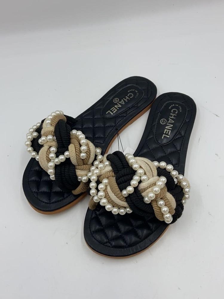 CHANEL Black Leather Matelassé Pearl Rope Flat Sandals EU 37 Preowned