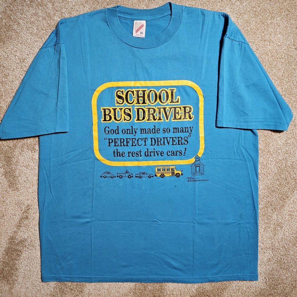 Vtg 90s Single Stitch Bus Driver XL T-Shirt Graphic Blue Ironic Funny Indie Punk
