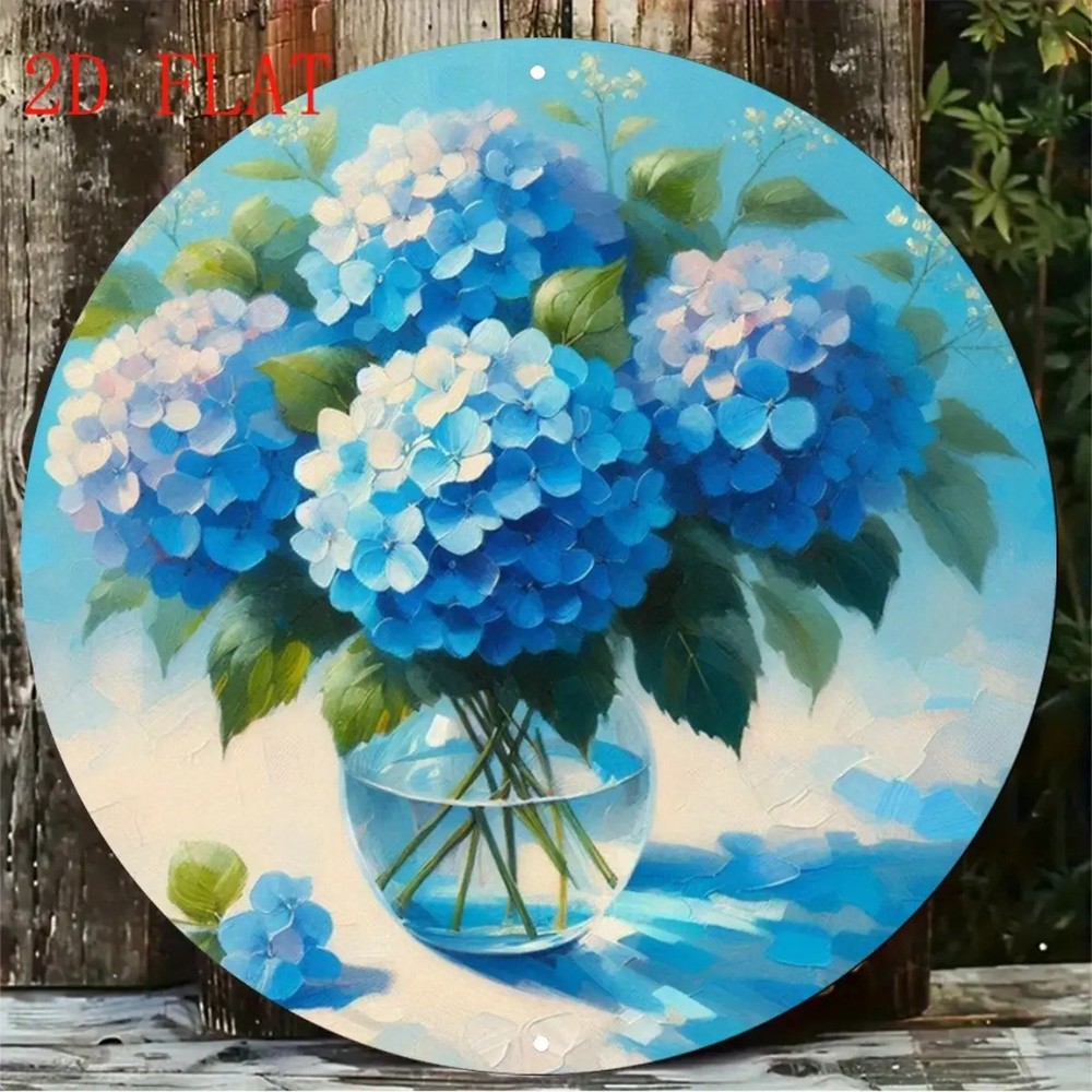 Floral Hydrangea Bouquet Glass Vase Round Aluminum Wall Decor