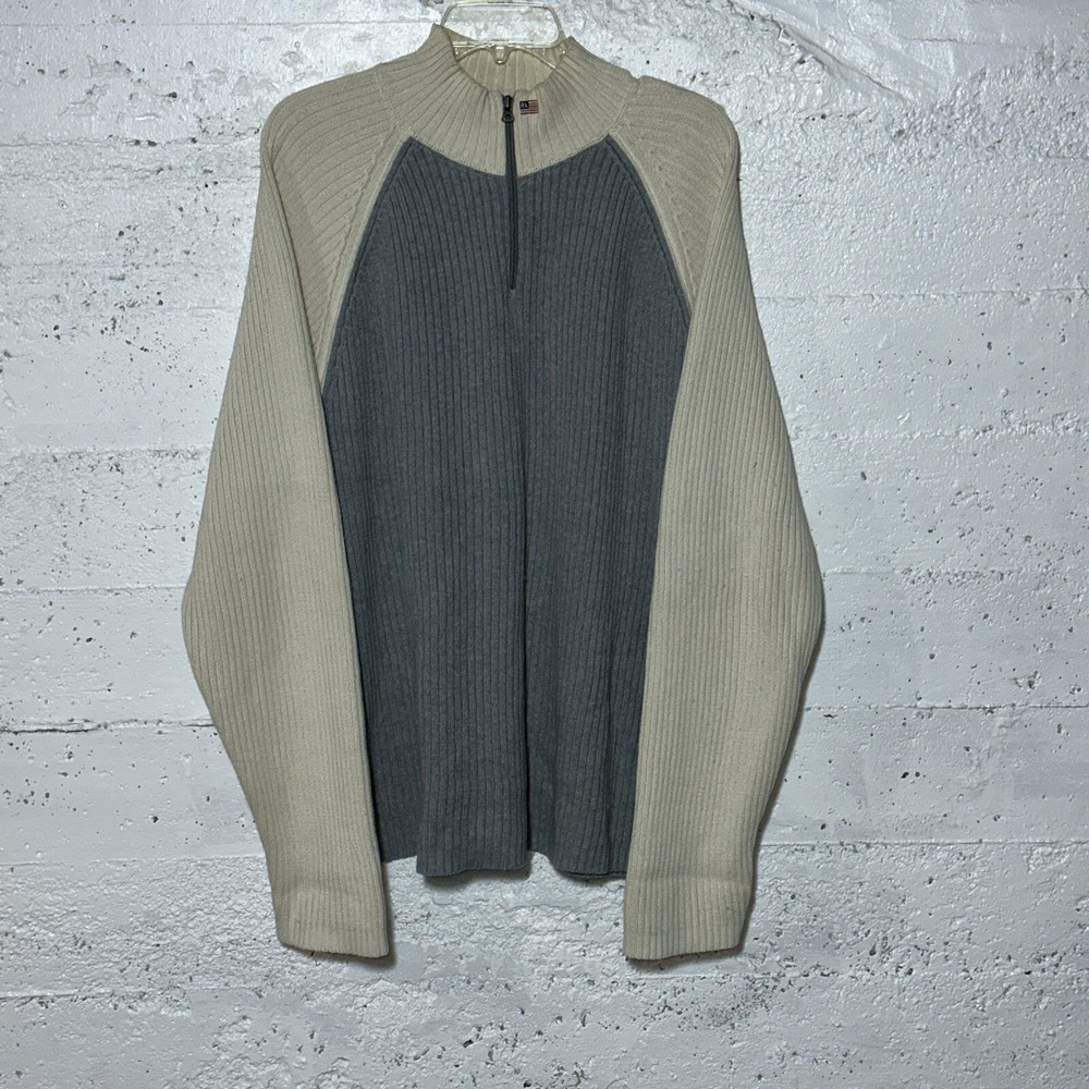 Ralph Lauren Polo Jeans Co Sweater Men's 2XL Beige Gray Ribbed 1/4 Zip Vintage