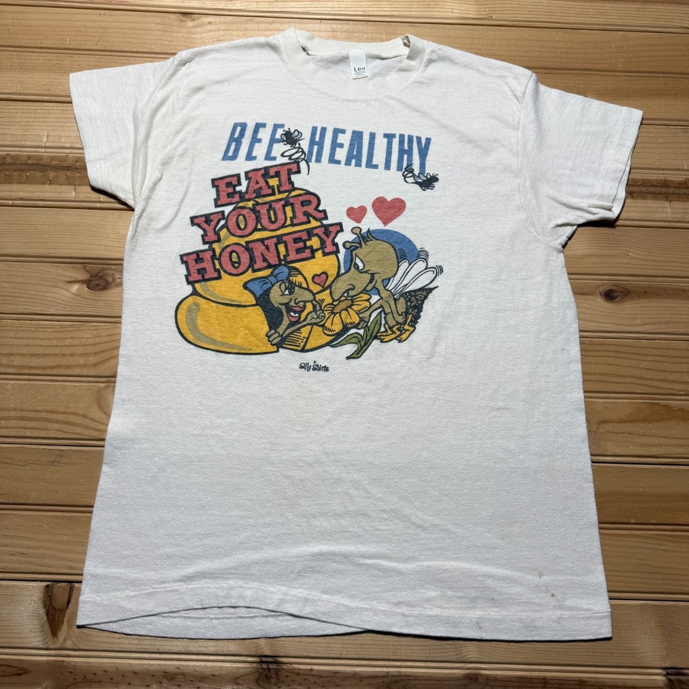 Vintage 70s Bee Healthy Eat Your Honey Graphic Cartoon Funny T-Shirt Men's Large