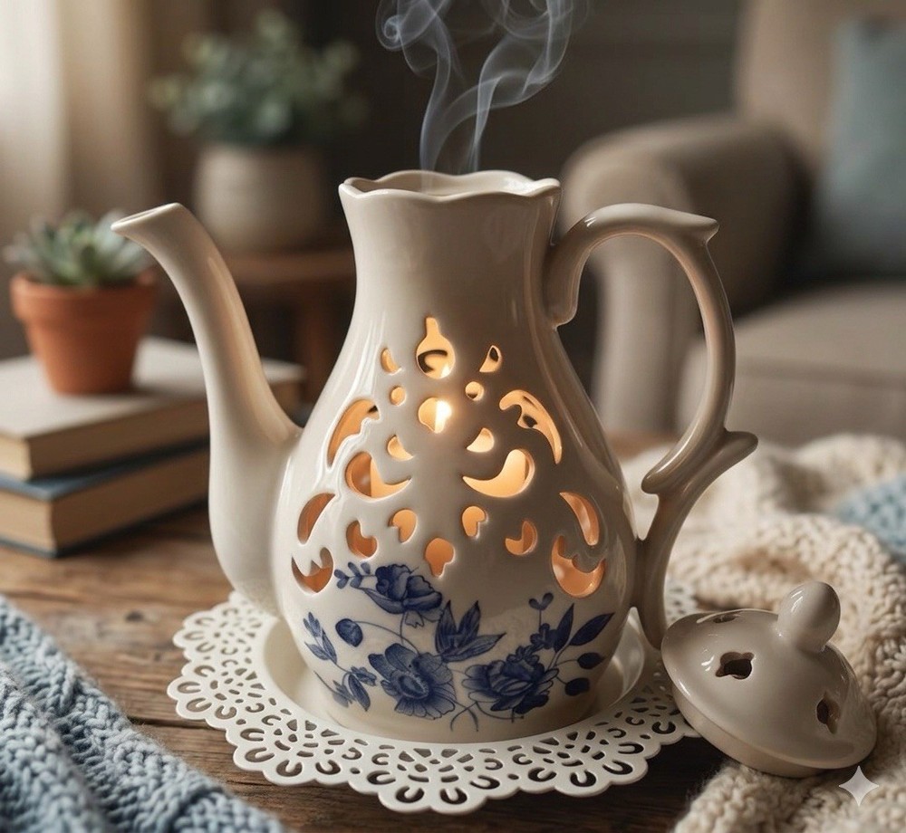 Vintage Home Interiors Ceramic Teapot Candle Holder Blue Floral White Filigree