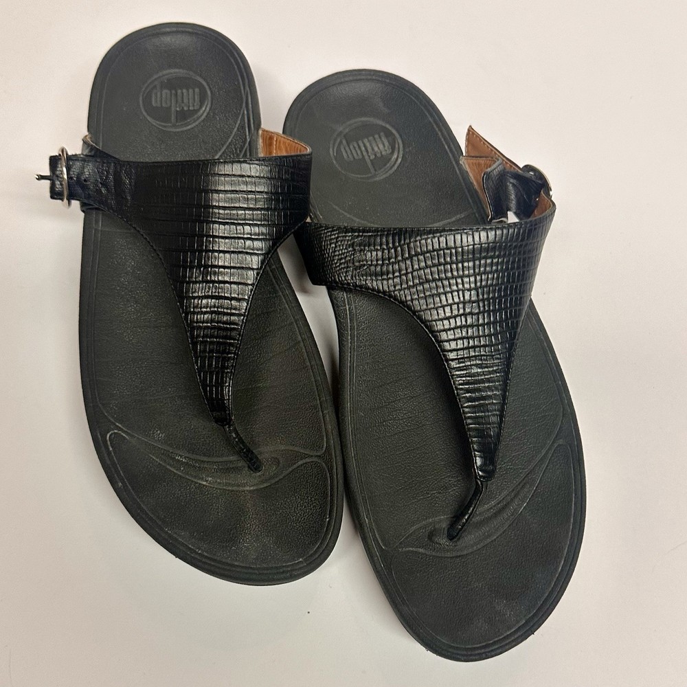 Fitflop Womens Sz 10 Lulu Textured Black Leather Thong Flip Flop Wedge Sandals
