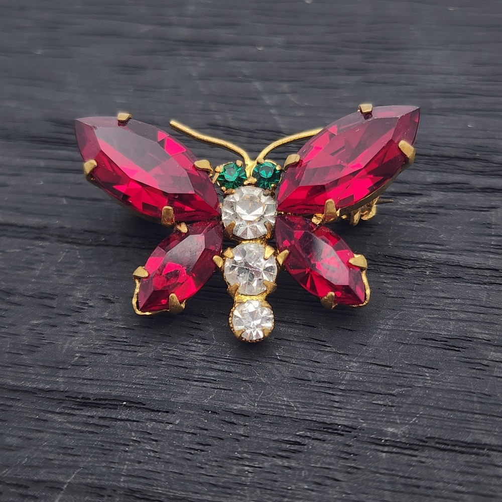 VTG Austria Rhinestone Butterfly Brooch Ruby Red Clear Green Figural Insect Pin