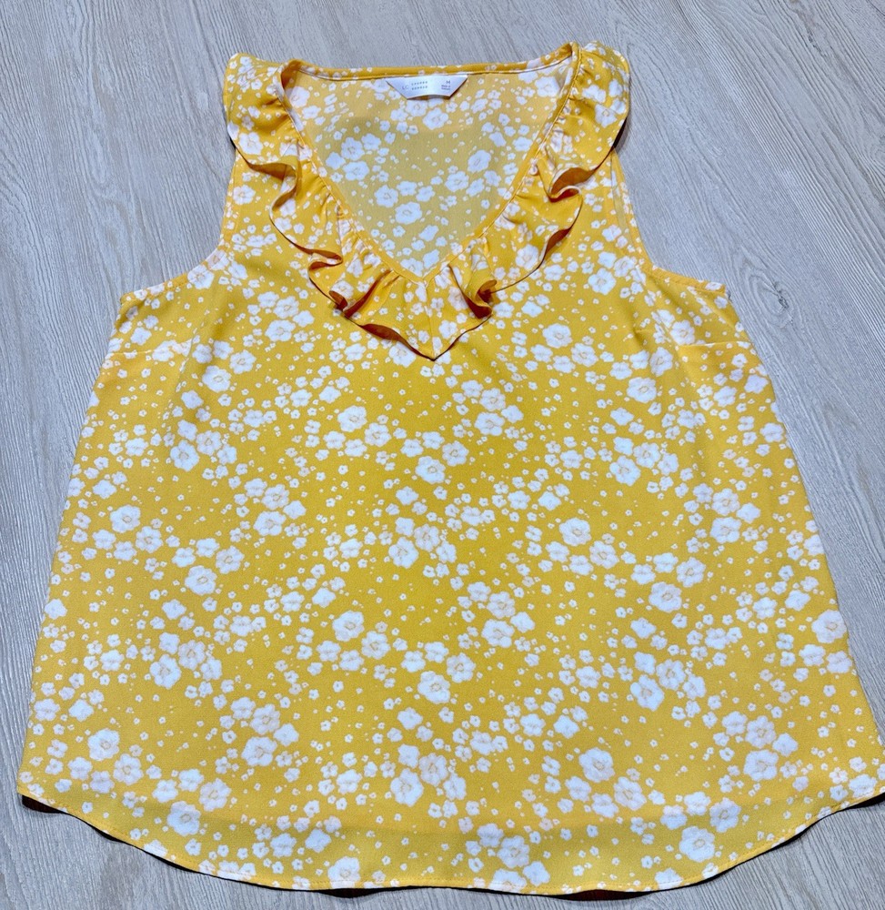 LC Lauren Conrad Floral Ruffle Tank Top Womens Medium Yellow Sleeveless Blouse