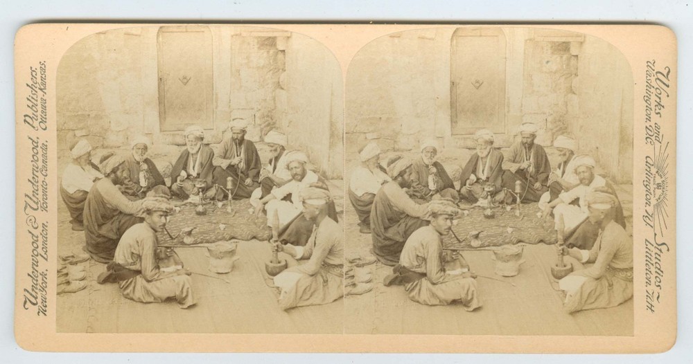 D1796~ CAIRO EGYPT – Village Elders & Hookahs c.1896 Stereoview - Underwood