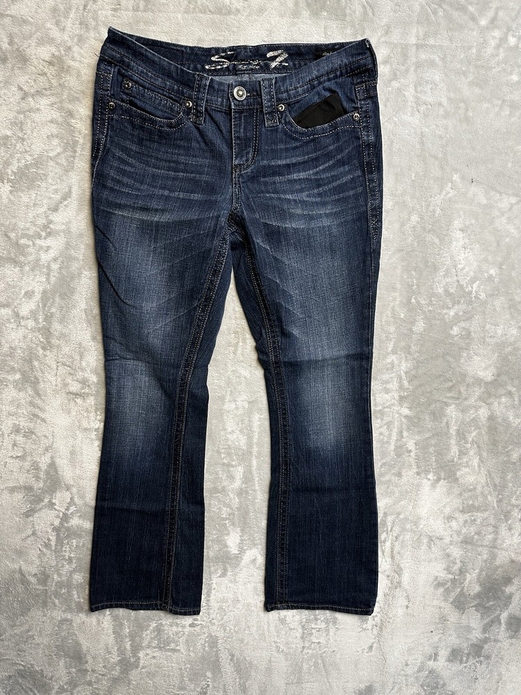 Womens Seven7 Slim Boot Stretch Jeans Size 8 Mid Rise Dark Wash Denim Excellent