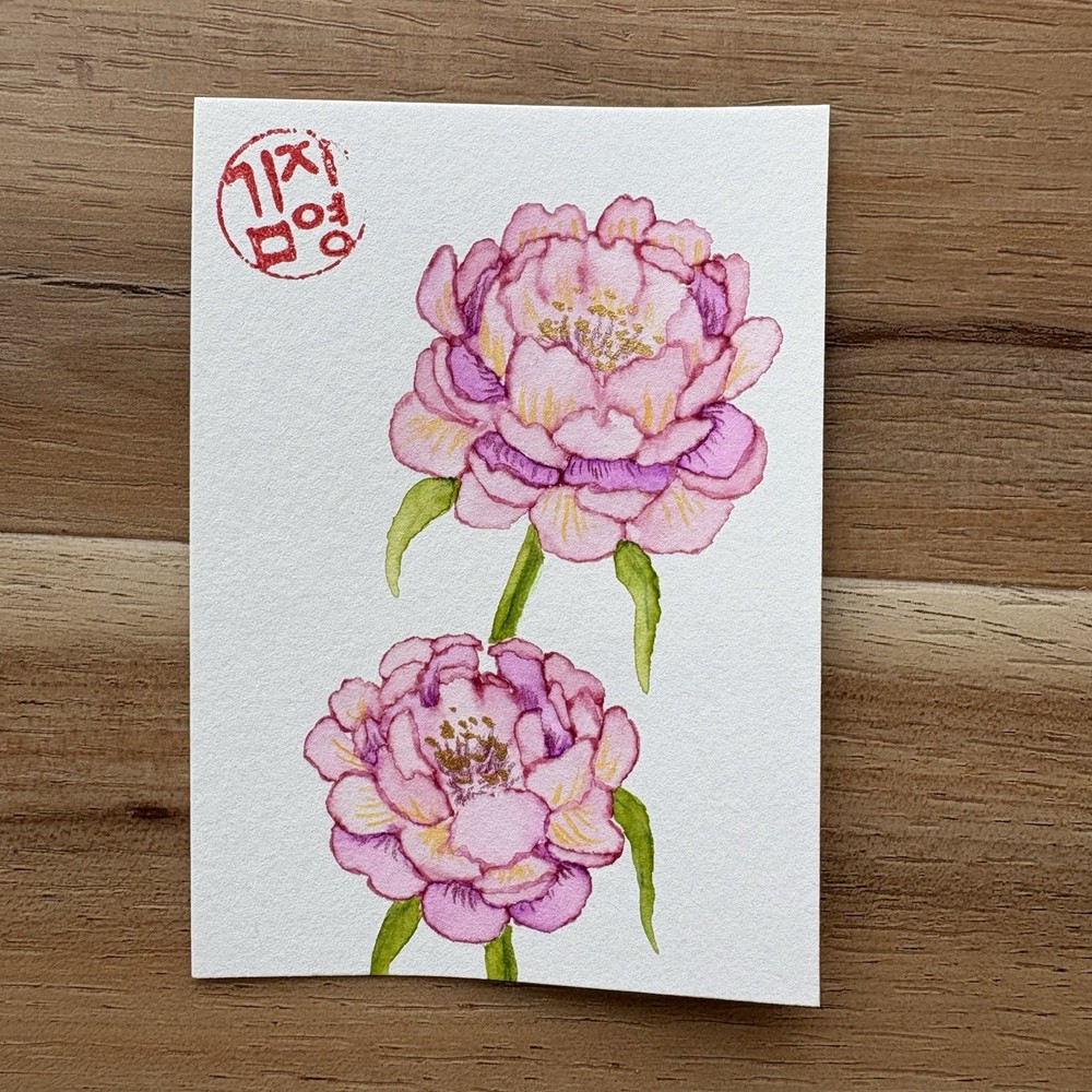 ACEO Original Watercolor Painting Two Pink Peonies 2.5x3.5 by Jiyoungz