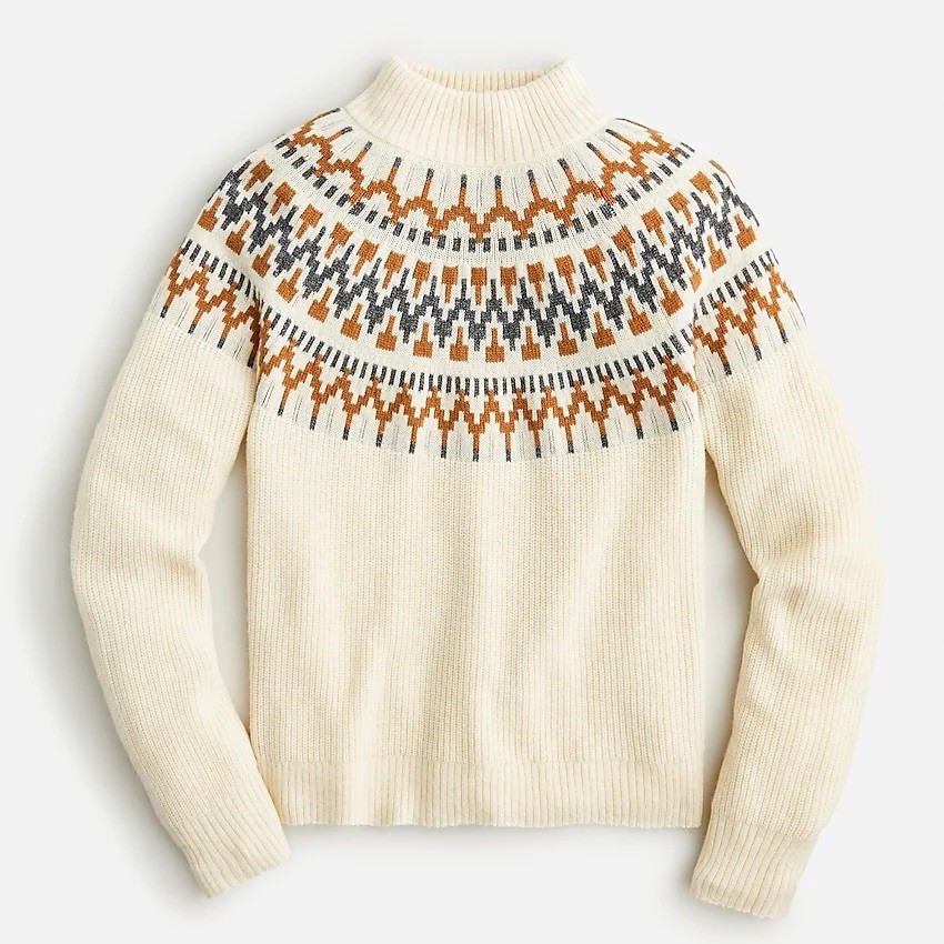 J. Crew Fair Isle Mockneck Pullover Sweater Neutral Cream Tan Wool Blend Med