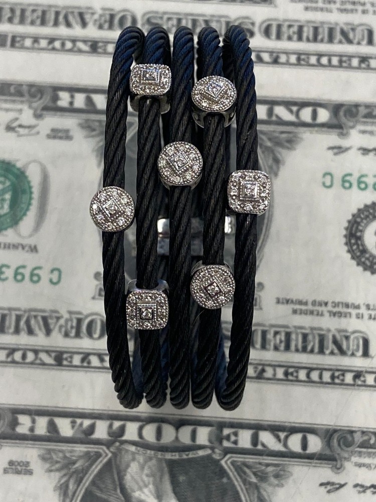 Philippe Charriol Bracelet 18K White & Diamond on Black Steel 5 Row Cable Cuff