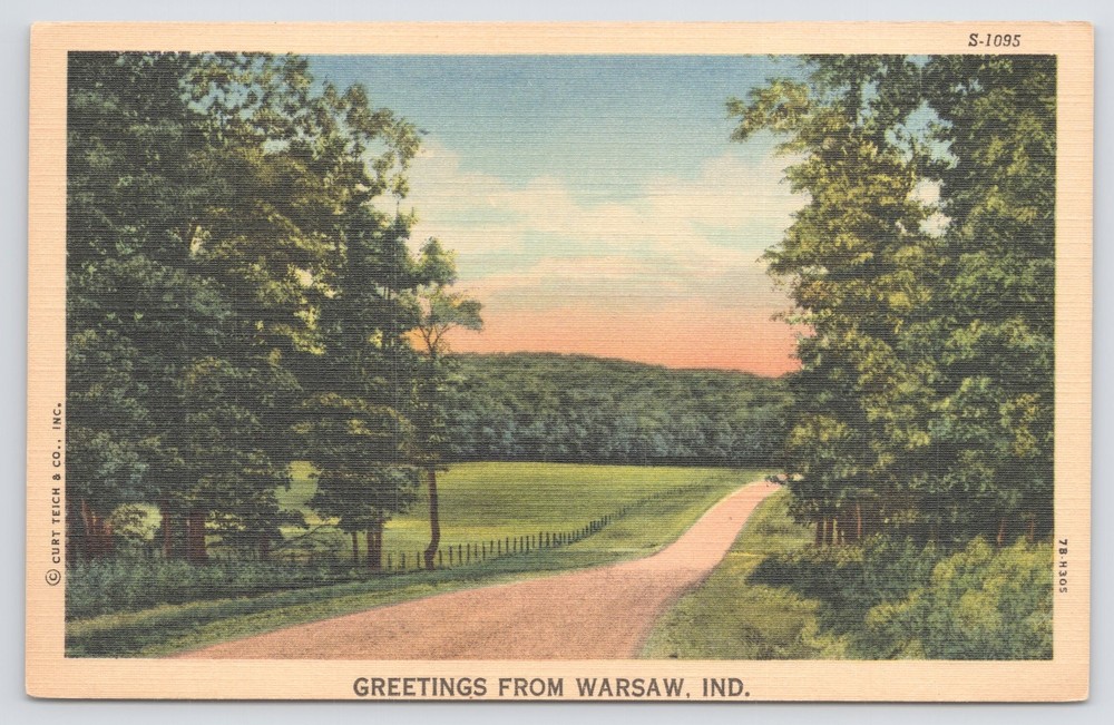 Linen~Greetings From Warsaw Indiana~Road Scene~Art Colortone~Vintage Postcard