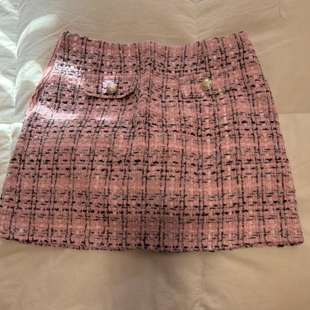 Pink Black Tweed Plaid Button A-Line Short Skirt Polyester Women's Size M