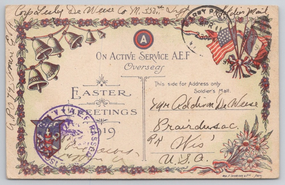 1919 WWI AEF Easter Greetings Postcard France Military Mail 330th Infantry