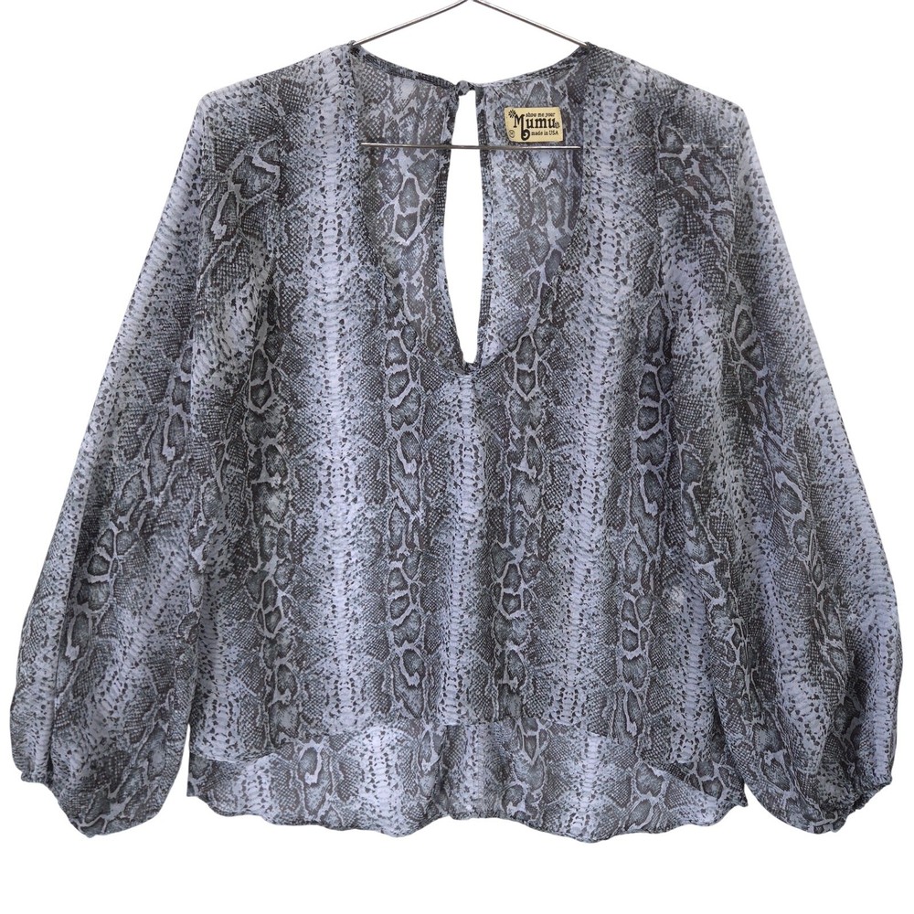 Show Me Your Mumu Blouse Womens M Gray Snake Skin Keyhole Back Semi Sheer Top
